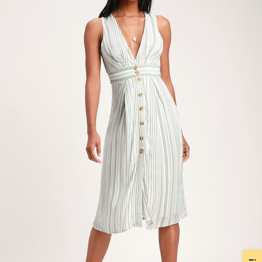 Lulus Estnelly Green Striped Button Midi Dress